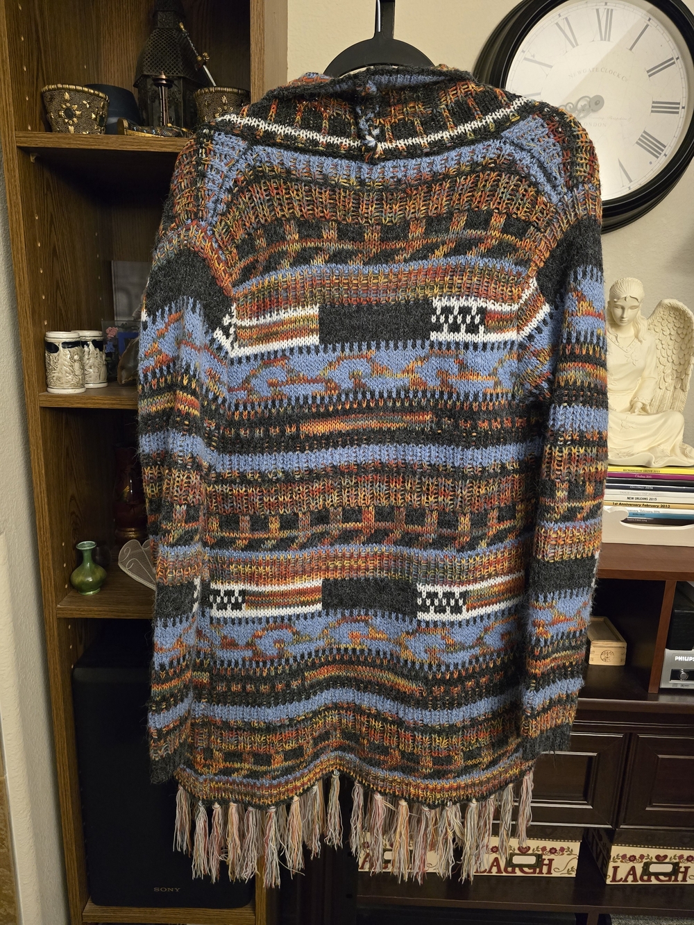 Angie Boho Fringe Open Front Cardigan Multicolor Fair Isle Chunky Knit Size M - Picture 4 of 5